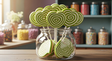 Green Heart-Shaped Lollipops in Glass Jar on Wooden Table in Colorful Candy Store