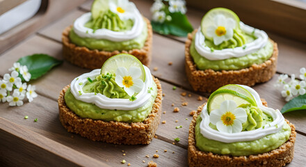 Delicious Avocado Toast with Cream Cheese and Edible Flowers on Wooden Board