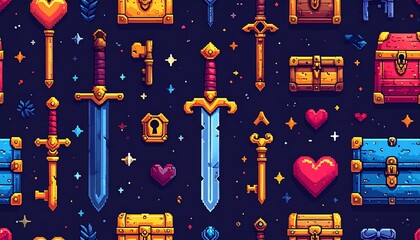Pixel Art Treasures - A Seamless Pattern of Swords, Keys, and Chests.