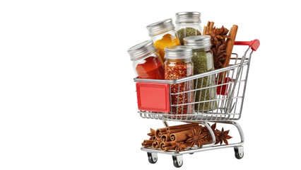Shopping cart full of spices, assorted spice jars and sticks in trolley, transparent background