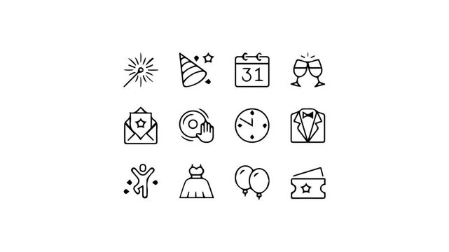 A collection of line art icons animation representing new year's eve celebration elements and party essentials for design.