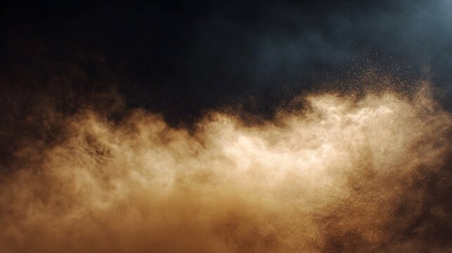 An abstract cloud of fine brown dust particles illuminated against a dark background with warm golden light