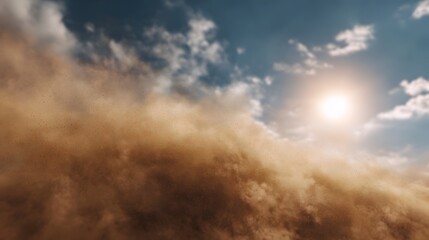 Fototapeta premium Bright sun illuminating a dramatic swirling mass of dust or sand clouds against a blue sky with white clouds