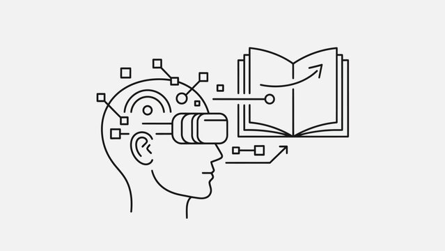 Person wearing VR headset reading digital book in virtual space