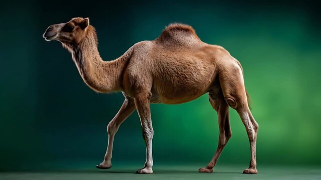 A camel standing in profile against a blurred green background, captured from a side viewpoint in a studio environment, showcasing its distinctive hump and legs.