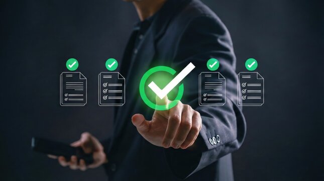 Businessman selecting approved documents with digital checkmark icons,document verification and validation concept for compliance,approval and legal audits