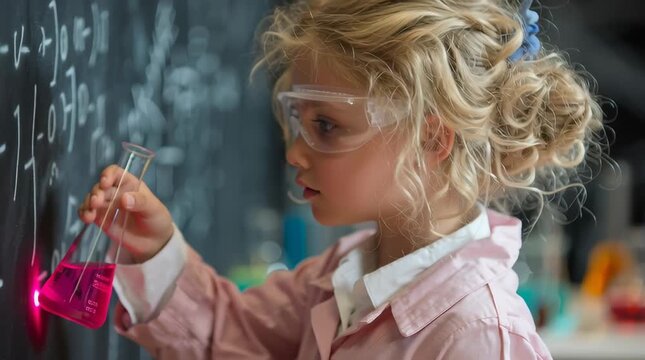 Una ni&ntilde;a rubia con bata de laboratorio y gafas de seguridad sostiene un matraz con l&iacute;quido rosa, concentrada en su experimento.