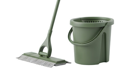 Green mop and bucket cleaning tools isolated on transparent background