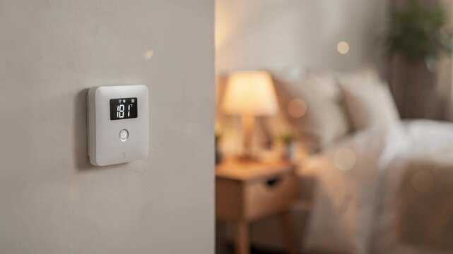 Focus on temperature and humidity sensor on a bedroom wall with cozy outoffocus interior background highlighting smart climate control.