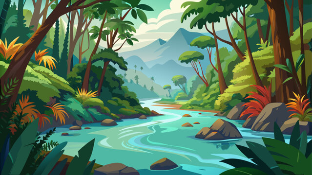 Very beautiful rainforest river in Gunung Leuser National Park, Sumatra, featuring dense tropical foliage, flowing water, and a pristine ecosystem rich in biodiversity and serenity.