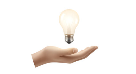 Hand holding glowing light bulb idea or inspiration concept isolated on transparent background
