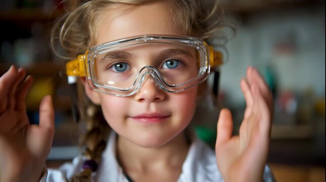 Una ni&ntilde;a con gafas de seguridad, lista para la exploraci&oacute;n.