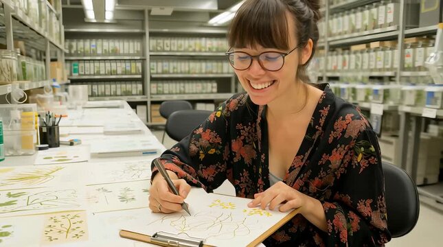 Una cient&iacute;fica meticulosa documenta espec&iacute;menes bot&aacute;nicos en un laboratorio lleno de vida.