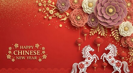Fototapeta premium Happy chinese new year greeting with fireworks and flowers background