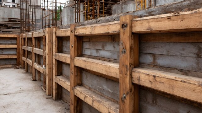Detailed view of a sturdy wooden formwork system assembled for concrete wall construction on a development site