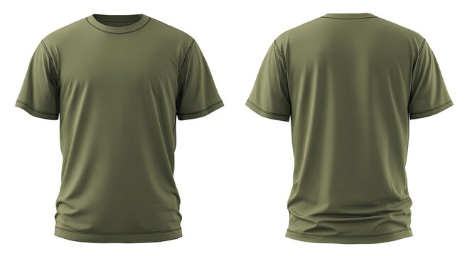 Olive Green T-Shirt Front and Back View Isolated on transparent background