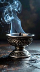 Ornate Silver Incense Burner Emitting Wispy Blue Smoke Against a Dark Textured Background with Subtle Lighting