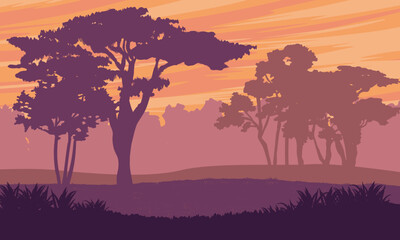 A minimalist silhouette landscape of the African savannah with tall acacia trees. Realistic vector landscape.