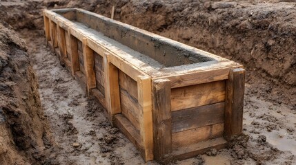 Long wooden formwork filled with freshly poured concrete situated within a muddy construction trench