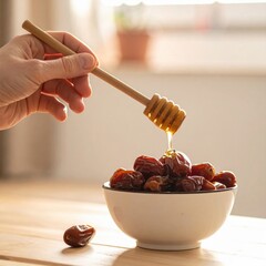 Hand holding wooden honey dipper drizzling golden honey onto bowl of ripe dates on wooden table with soft window light