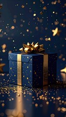 Elegant Navy Blue Gift Box With Golden Bow And Sparkling Confetti Creates A Festive Ambiance In Soft Lighting