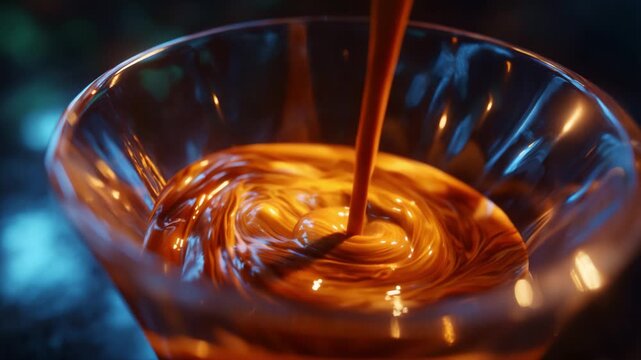 A Glimpse of Chocolate Swirl: Captivating Visuals of Rich, Fluid Chocolate Pouring into a Clear Glass with Stunning Colors and Texture Displayed Exceptionally Well.