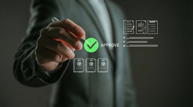 Businessman approving digital documents with virtual checkmarks,concept of electronic signature,compliance,document validation and approval process