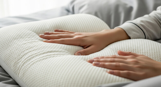 Close-up of a young woman's hand touching a soft orthopedic memory foam pillow on a cozy bed