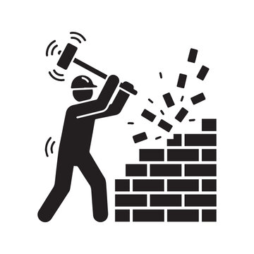 Demolition worker silhouette with sledgehammer breaking brick wall icon

