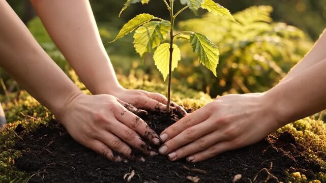 Two pairs of human hands carefully plant a young green sapling into rich, dark soil, symbolizing growth and environmental care.