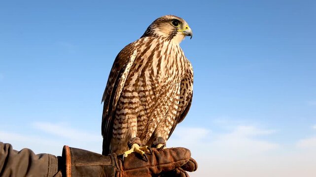 A majestic falcon is perfectly still, perched on a handler's leather glove, gazing intently against a brilliant blue sky, suggesting a moment during falconry training or a display.