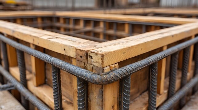 Construction site detail showing wooden formwork and steel rebar reinforcement for a building foundation