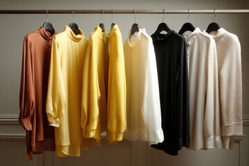 A neutral toned clothing collection displayed on a modern rack