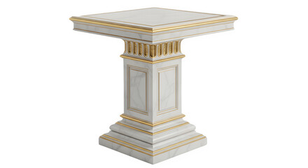 White marble pedestal with gold accents for mockup or display Isolated on transparent background