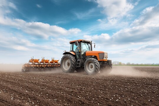 Farmer operating a tractor with an implement in a field during daytime