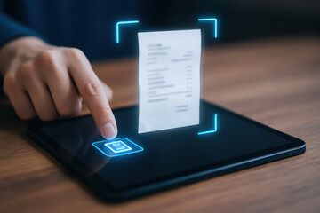 Digital receipt scanning on tablet with finger pressing button for ai automation process and rpa transformation in business technology