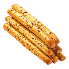 Stack of long, tan, baked breadsticks covered in seeds on a white background