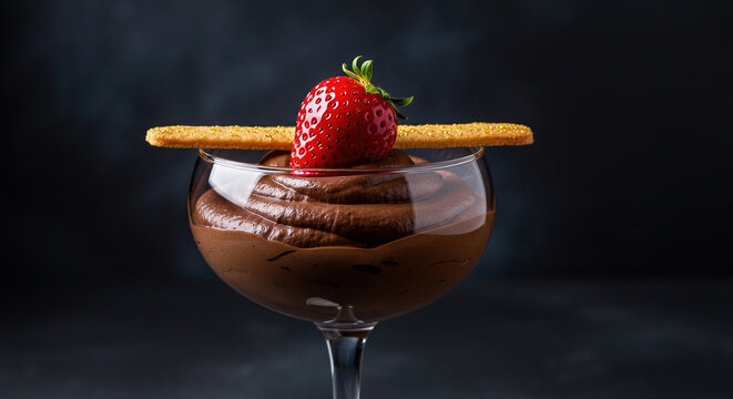 Rich chocolate mousse served in a clear stemmed glass, topped with a fresh strawberry and a crispy golden tuile, set against a dark moody background for an elegant dessert presentation
