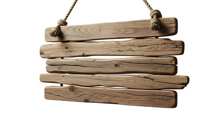 Rustic wooden signboard or plank hanging on rope for mockup or advertising Isolated on transparent background