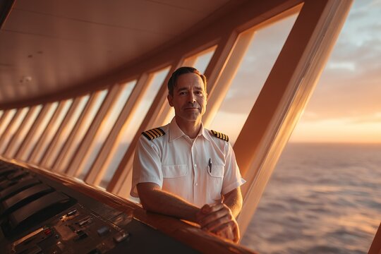 Confident ship captain standing in the bridge at sunset over the ocean