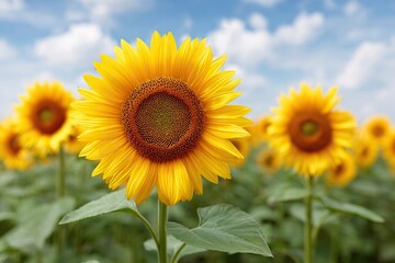 Fototapeta premium A vibrant sunflower blooms in a field under a cloudy blue sky, symbolizing summer and nature