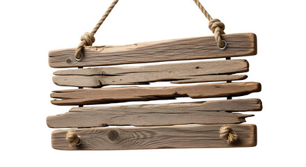 Rustic wooden signboard with rope hanger, distressed texture for mockup or advertising isolated on transparent background