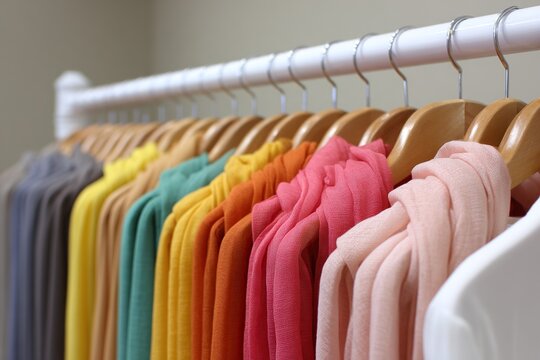 Row of colorful scarves neatly displayed on hangers on a clothing rack