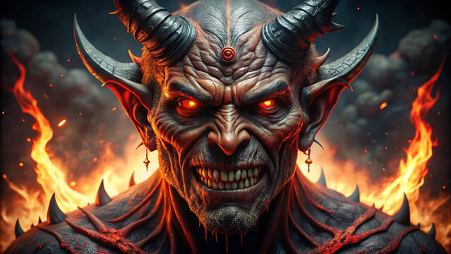 A terrifying, hyper-realistic close-up portrait of a demonic entity with dark, leathery red skin and sharp, jagged horns. The demon has piercing, glowing red eyes that emit a sinister light, and a mou
