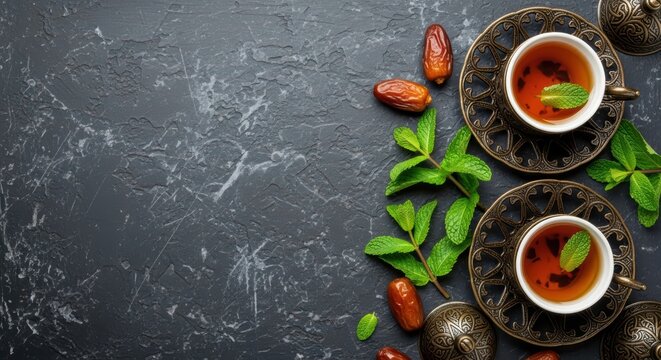 Traditional Mint Tea with Dates on Dark Stone Background Refreshing Beverage ramadan