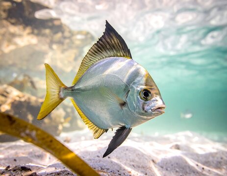 Silver fish with yellow fins swims in shallow, clear ocean water over white sand