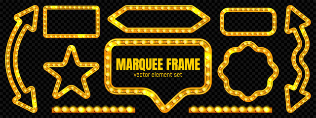 Circus marquee light sign frame for casino. Gold retro movie bulb signage banner with neon lamp border design. Blank glowing Hollywood board for text badge in vector. Classic quiz game lightbox. © Mariia