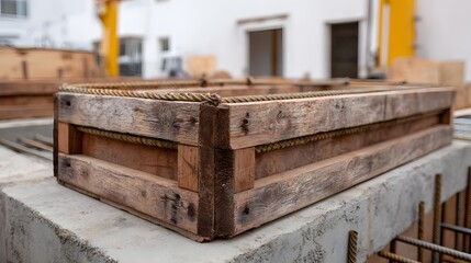Obraz premium A rectangular wooden formwork reinforced with steel rebar sits on a concrete foundation ready for concrete casting