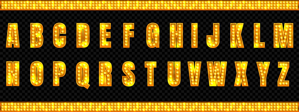 Circus light font with marquee led bulb. Cinema alphabet neon typography. Retro sign letter for vintage cabaret design. Shiny glowing effect for gold pizza banner. Creative burlesque vector symbol.