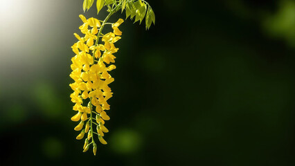 Golden chain of laburnum flowers hanging down against a dark green blurred background, illuminated by soft sunlight creating a peaceful and vibrant natural scene